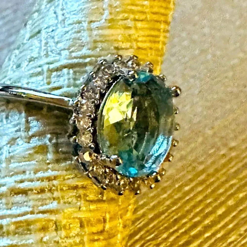 NATURAL AQUAMARINE 925 HALO RING LIGHT BLUE ROUND ART DECO STATEMENT RING